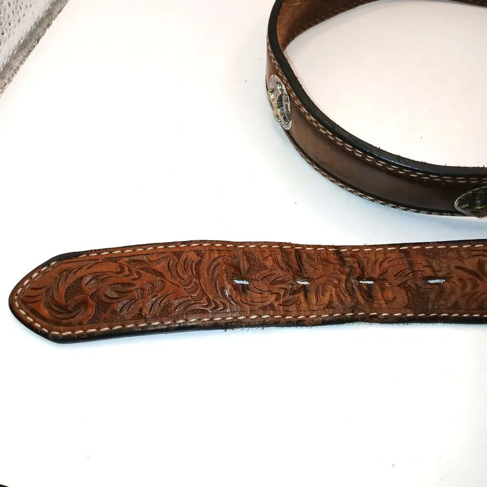 3D Belt Mens Size 40 Brown Hand Tooled Western Concho Cross Studded